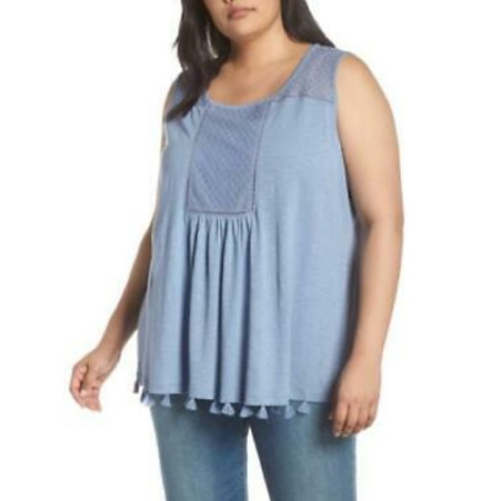Caslon Blue Tassel Trim Embroidered Tank Top Size Large